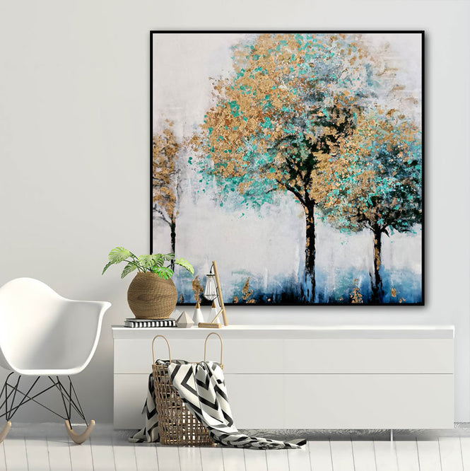 Abstract Gold Blue Trees Oil Painting Textured Painting