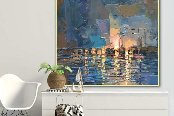 Abstract Boats at Sunset Oil Painting Textured Painting