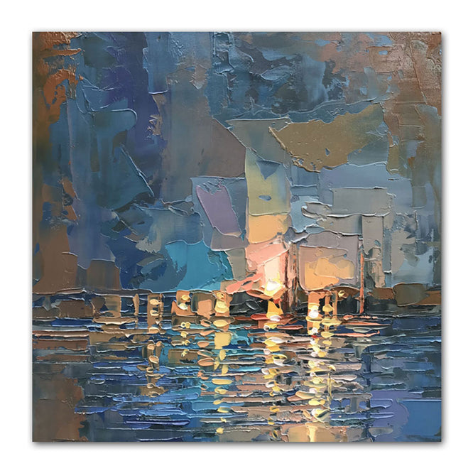 Abstract Boats at Sunset Oil Painting Textured Painting