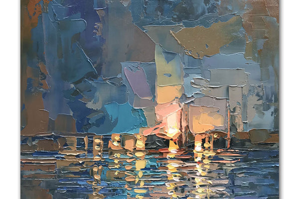 Abstract Boats at Sunset Oil Painting Textured Painting