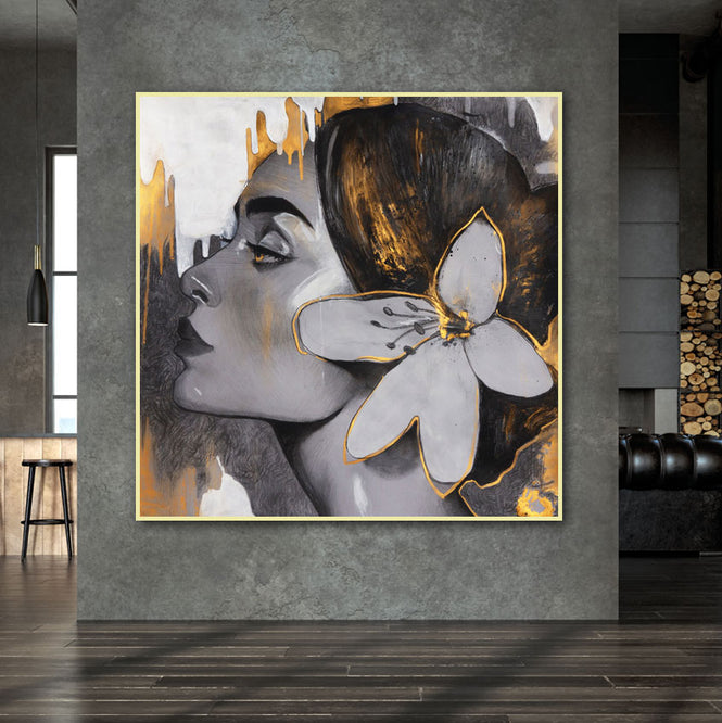 Gold Flower Woman Oil Painting Textured Painting