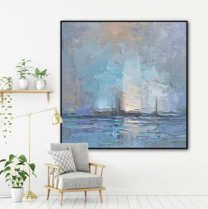 Abstract Blue Boats Oil Painting Textured Painting