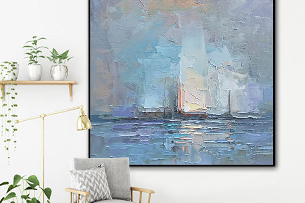 Abstract Blue Boats Oil Painting Textured Painting